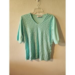 Quacker Factory Shirt Top Medium Baby Blue Sequins Bling Short Sleeve